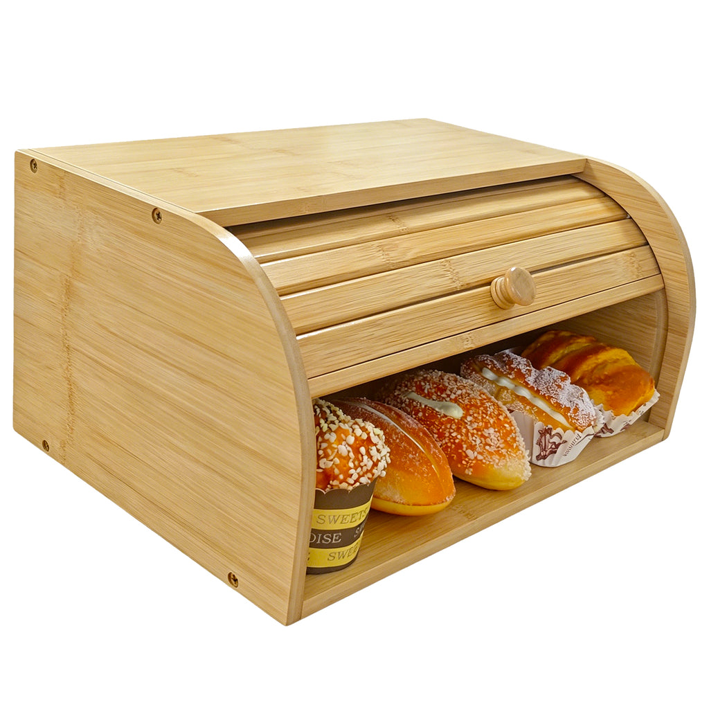 Bamboo roll-top bread box shown open, holding glazed buns and doughnuts, on a plain white background