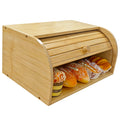 Bamboo roll-top bread box shown open, holding glazed buns and doughnuts, on a plain white background