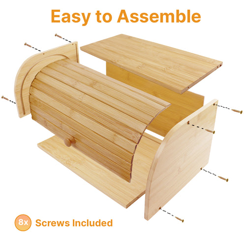 Exploded view of the bread bin's bamboo panels with eight included screws, labeled easy to assemble