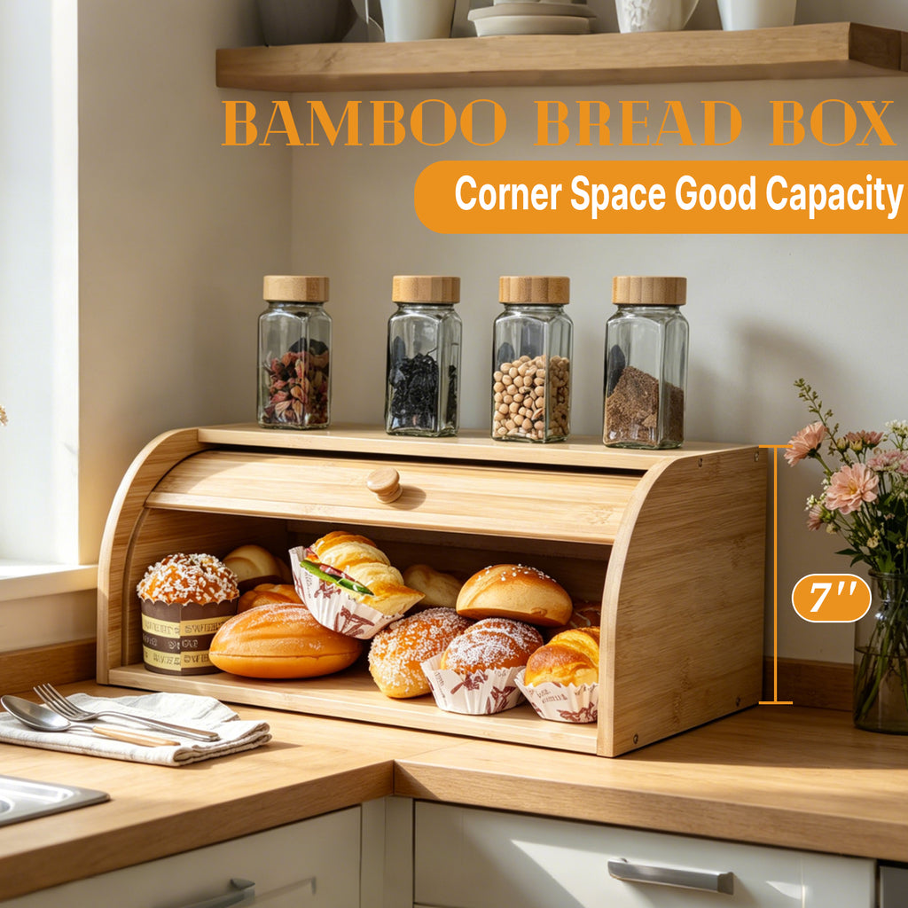 Bamboo bread box tucked into a kitchen corner, glass jars on top and a 7-inch height marker