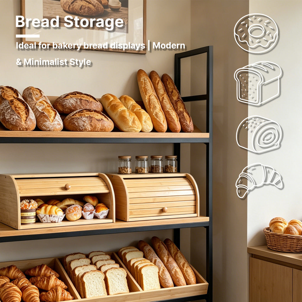 Bread box displayed on a black metal bakery-style shelf with loaves, croissants, baguettes and bread icons