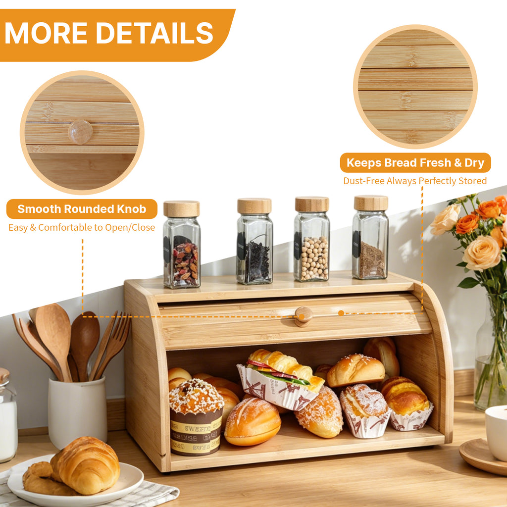 Close-up detail shots of the wooden knob and bamboo slats, above a kitchen scene of the loaded bread box