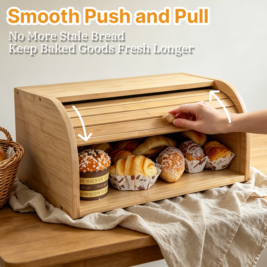 Hand pushing the roll-top lid open to reveal croissants and buns inside the bin on a countertop