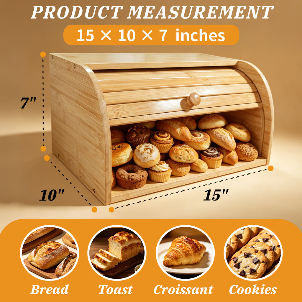 Bread box dimension diagram showing 15 x 10 x 7 inches, with inset photos of bread, toast, croissant and cookies