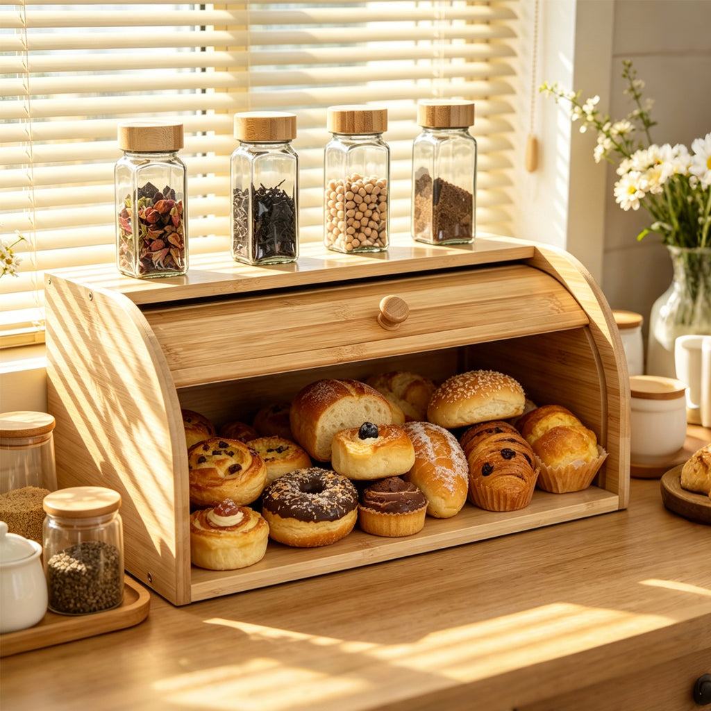 Bamboo bread box on a kitchen counter