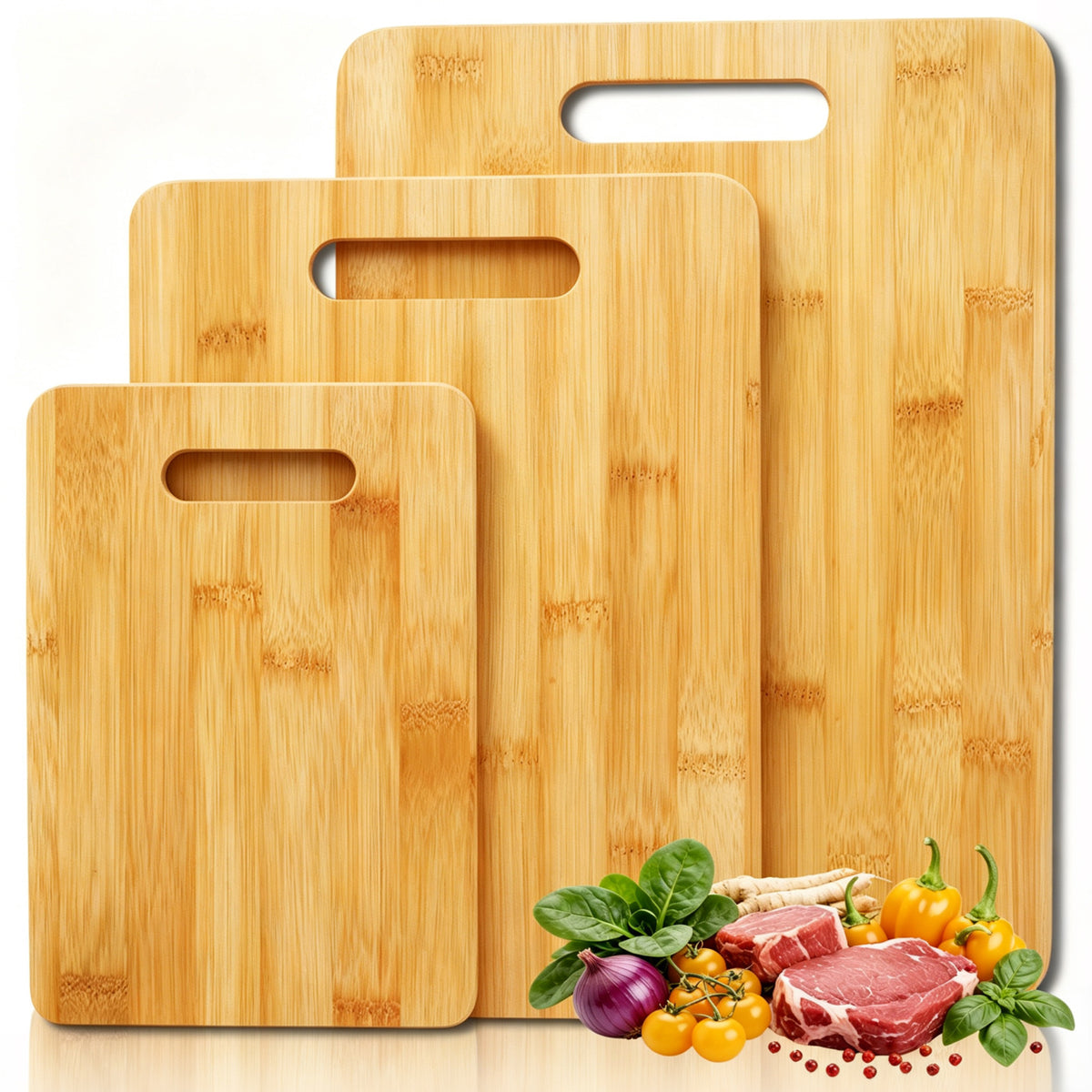 Bamboo cutting board set of 3 with hanging cutout handles