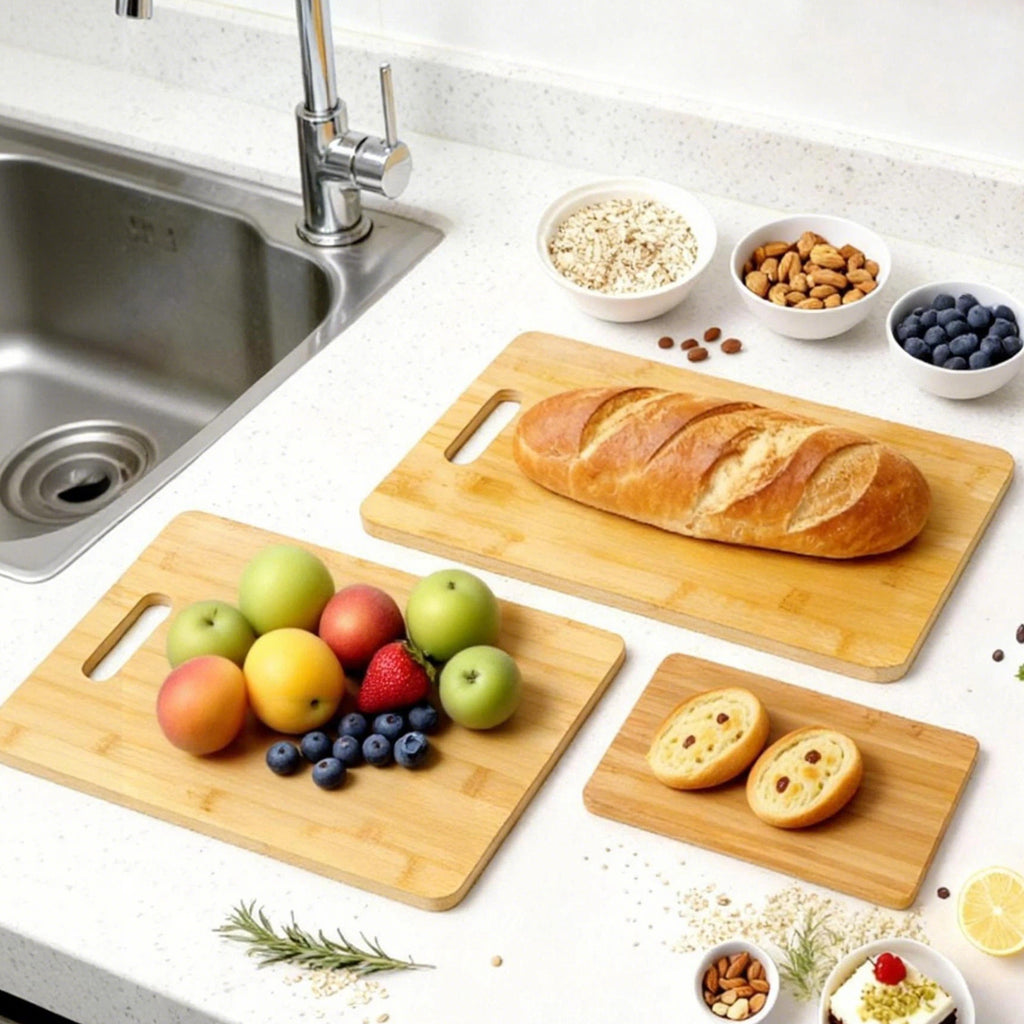Bamboo cutting boards in use on a kitchen counter with fresh ingredients