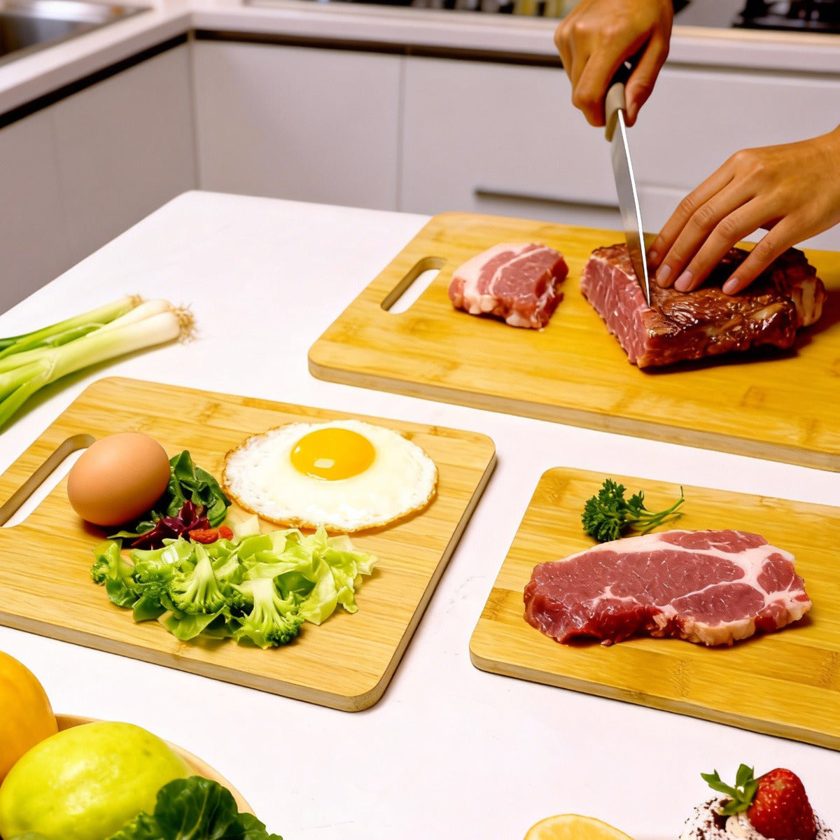 Three bamboo cutting boards arranged on a kitchen counter