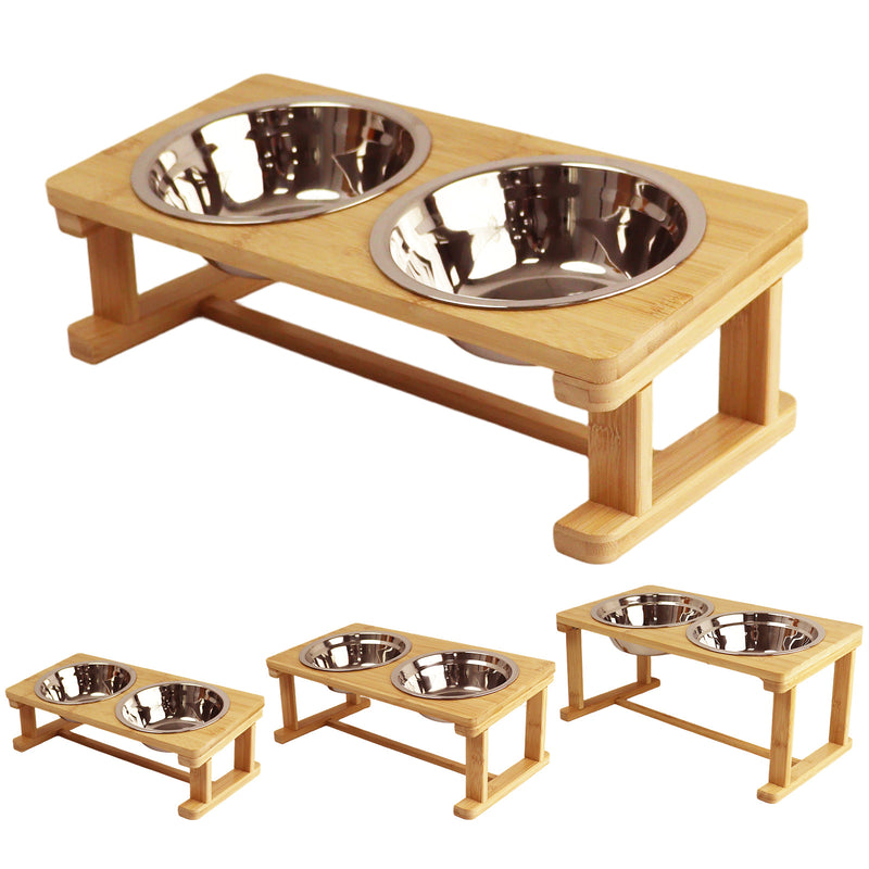 Small bamboo elevated pet feeder with two stainless steel bowls