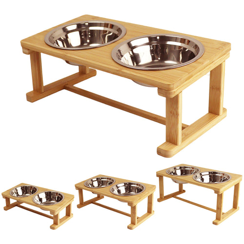 Medium bamboo elevated pet feeder with two stainless steel bowls