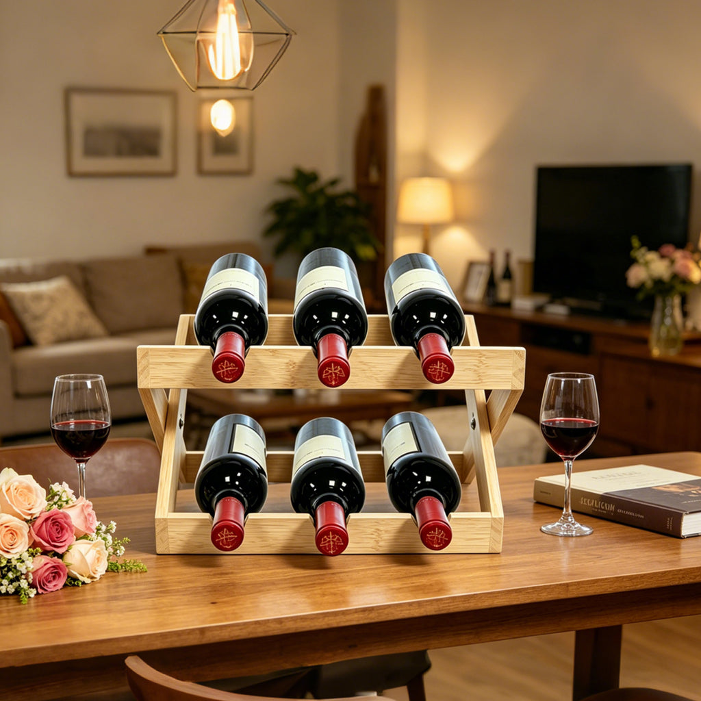 Natural bamboo wine rack holding bottles in a dining room