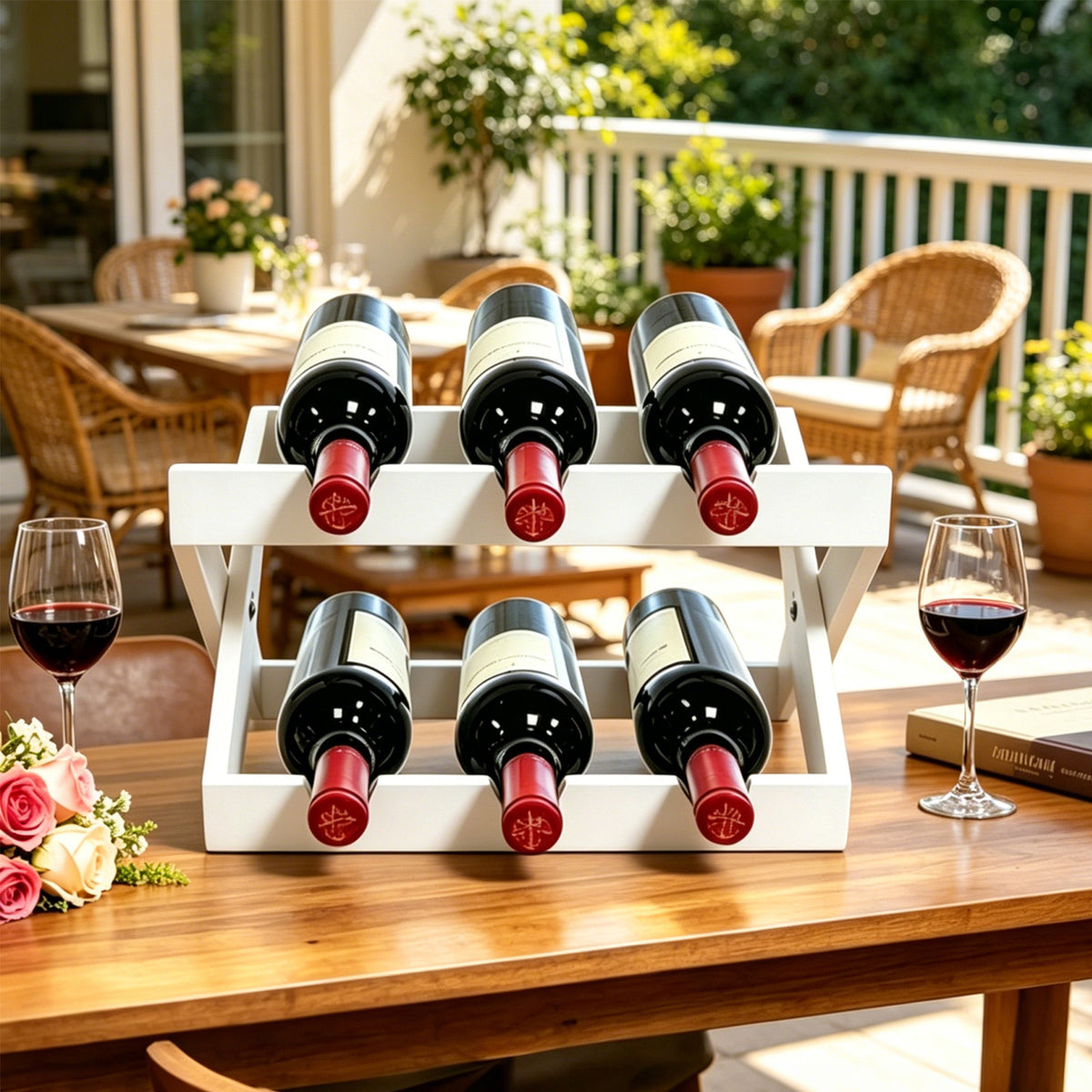 White bamboo wine rack holding bottles on an outdoor patio