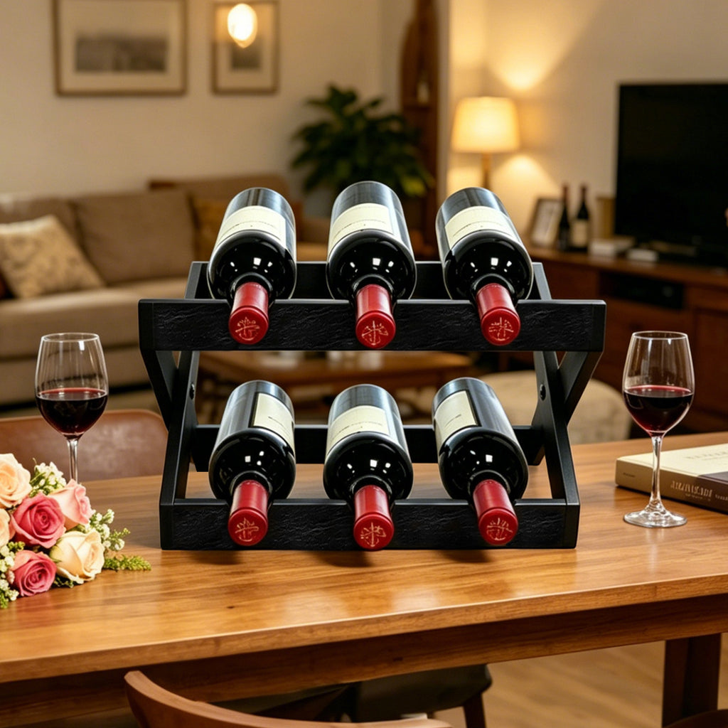 Black bamboo wine rack holding bottles in a dining room