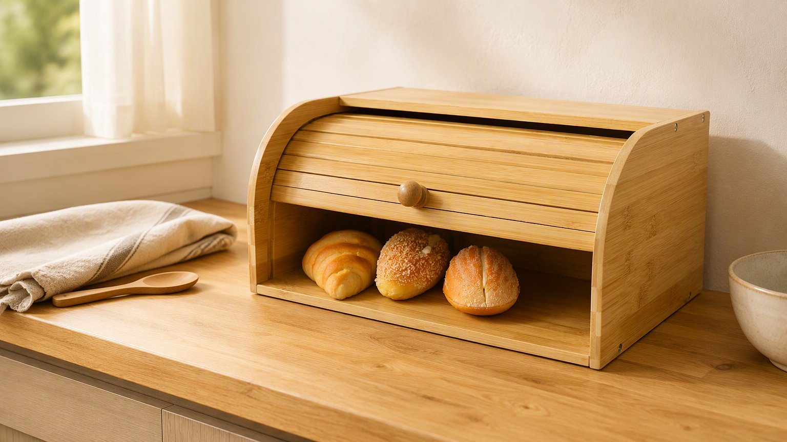 Bamboo roll-top bread box holding fresh bread on a warm kitchen counter