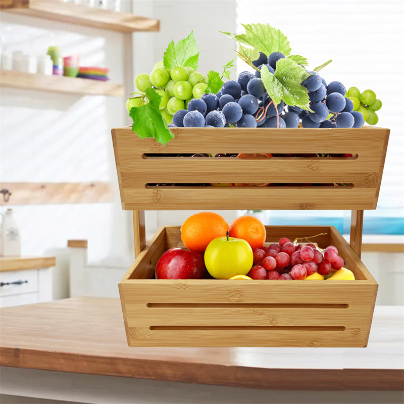 custom bamboo 2 tier fruit storage basket