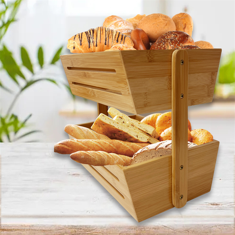 custom bamboo 2 tier fruit storage basket