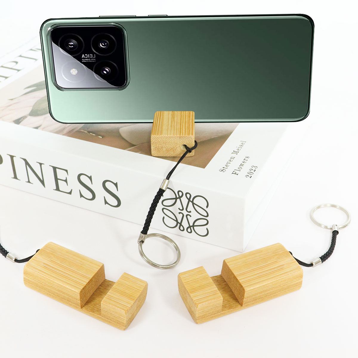 custom bamboo wooden key chain phone stand