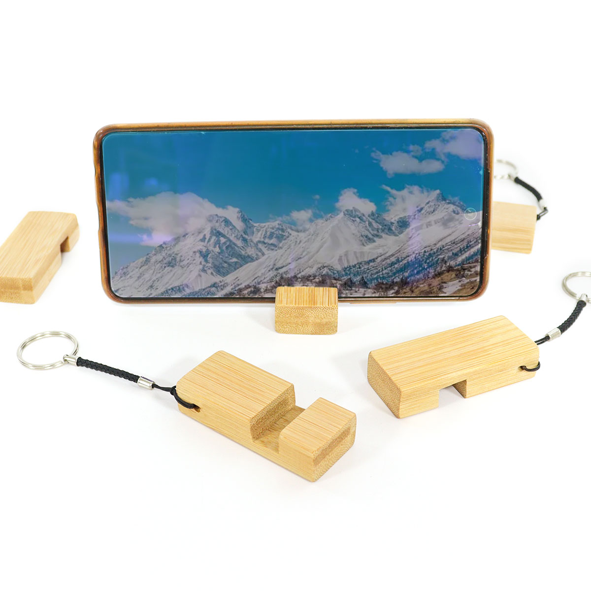 custom bamboo wooden key chain phone stand