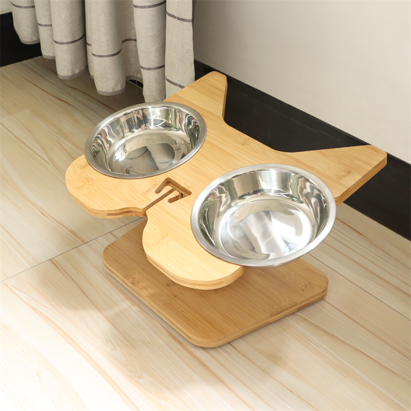 Custom elevated angled dog bowl bamboo stand