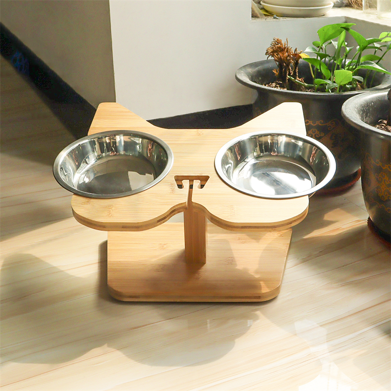 Custom elevated angled dog bowl bamboo stand