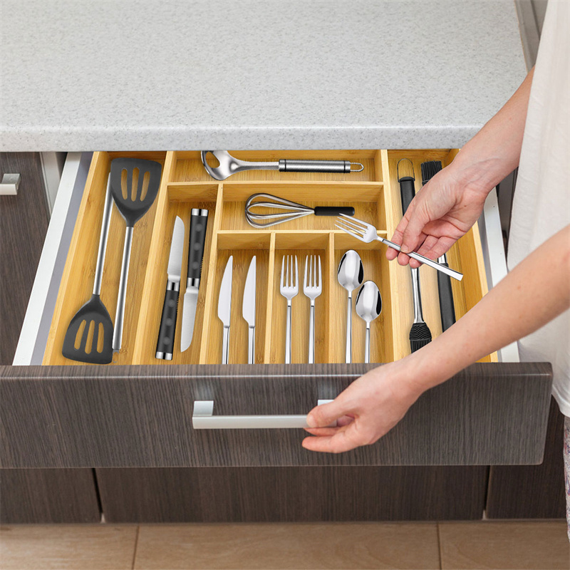 Custom bamboo kitchen utensil drawer organizer