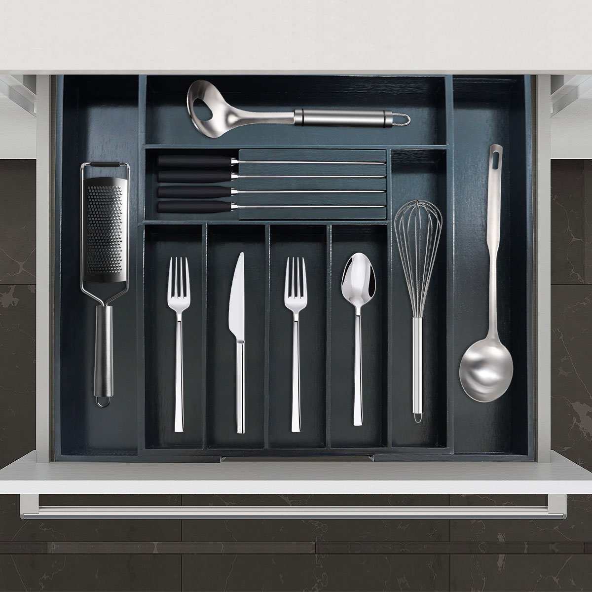 Custom black cutlery tray junk drawer organizer