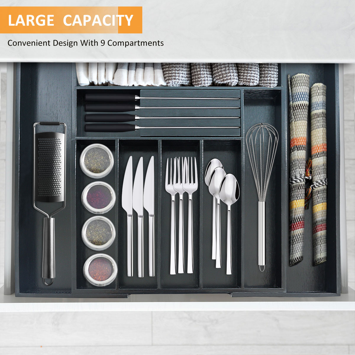 Custom black cutlery tray junk drawer organizer