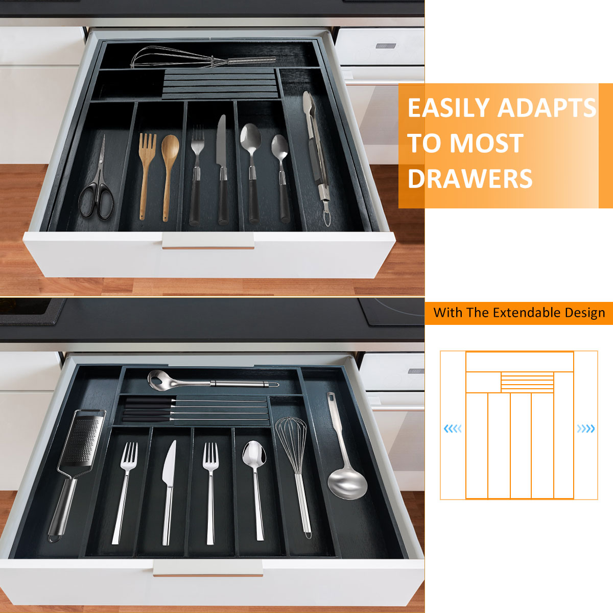 Custom black cutlery tray junk drawer organizer