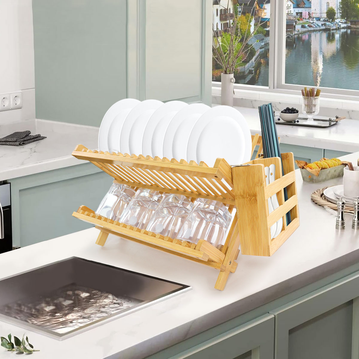 custom bamboo collapsible dish drying rack