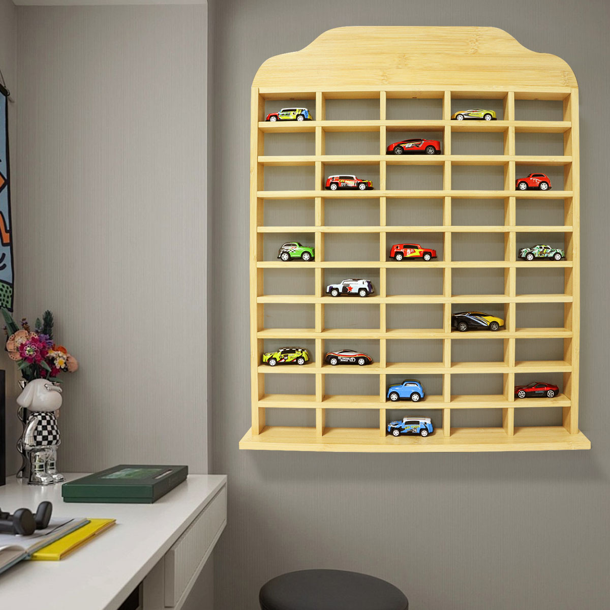 60 Grids Bamboo Car Model Display Stand with Storage Shelves for Collectibles