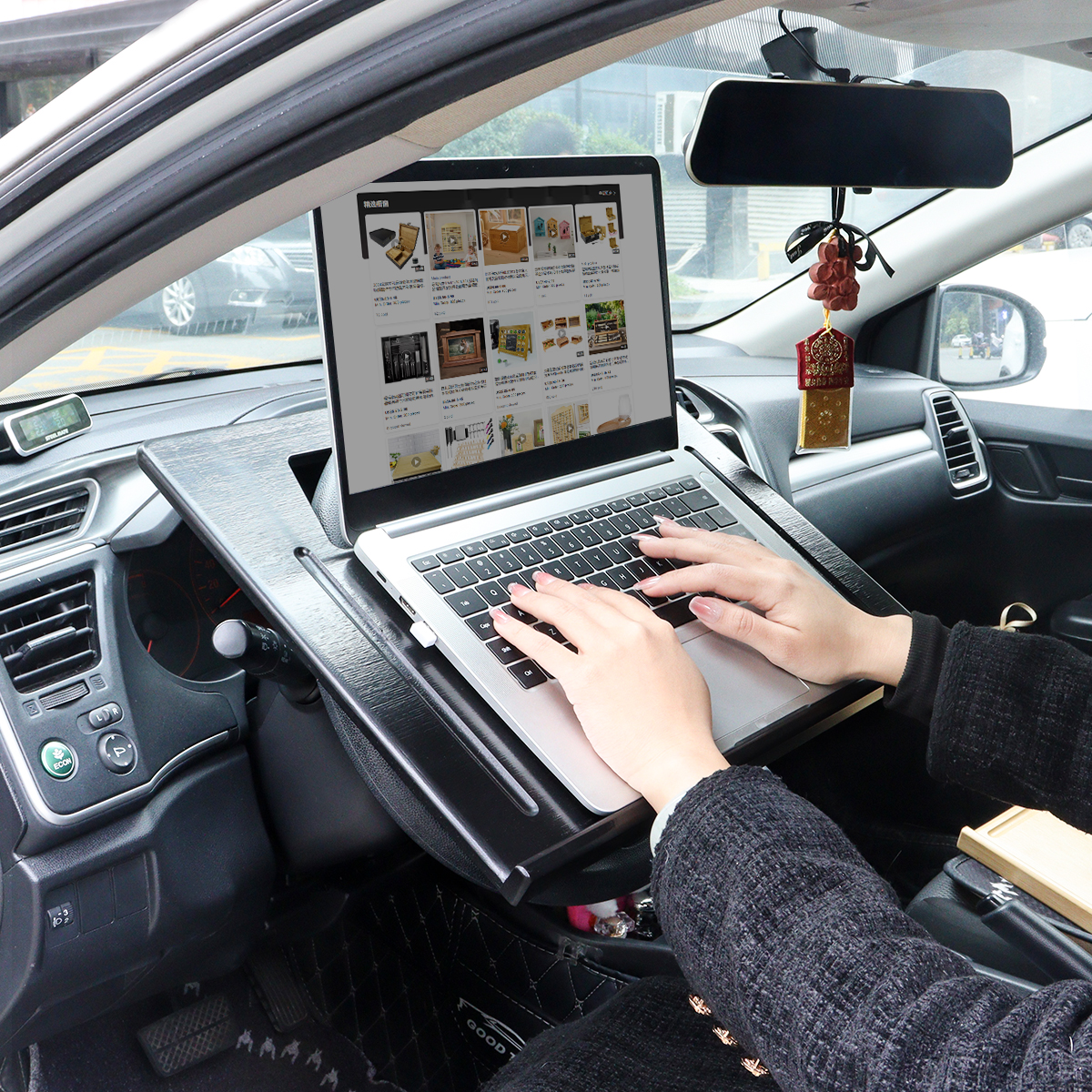 Bamboo Car Storage Tray Steering Wheel Desk