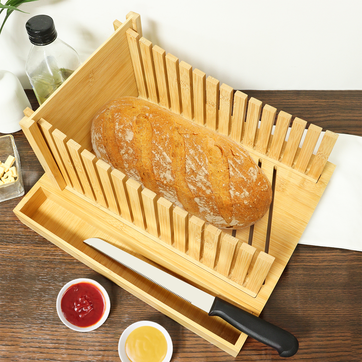 Bamboo Bread Cutting Adjustable Board Slicer Homemade Bread with Knife