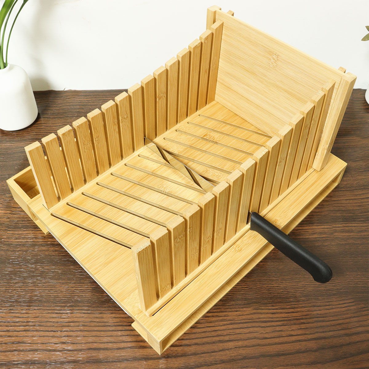 Bamboo Bread Cutting Adjustable Board Slicer Homemade Bread with Knife