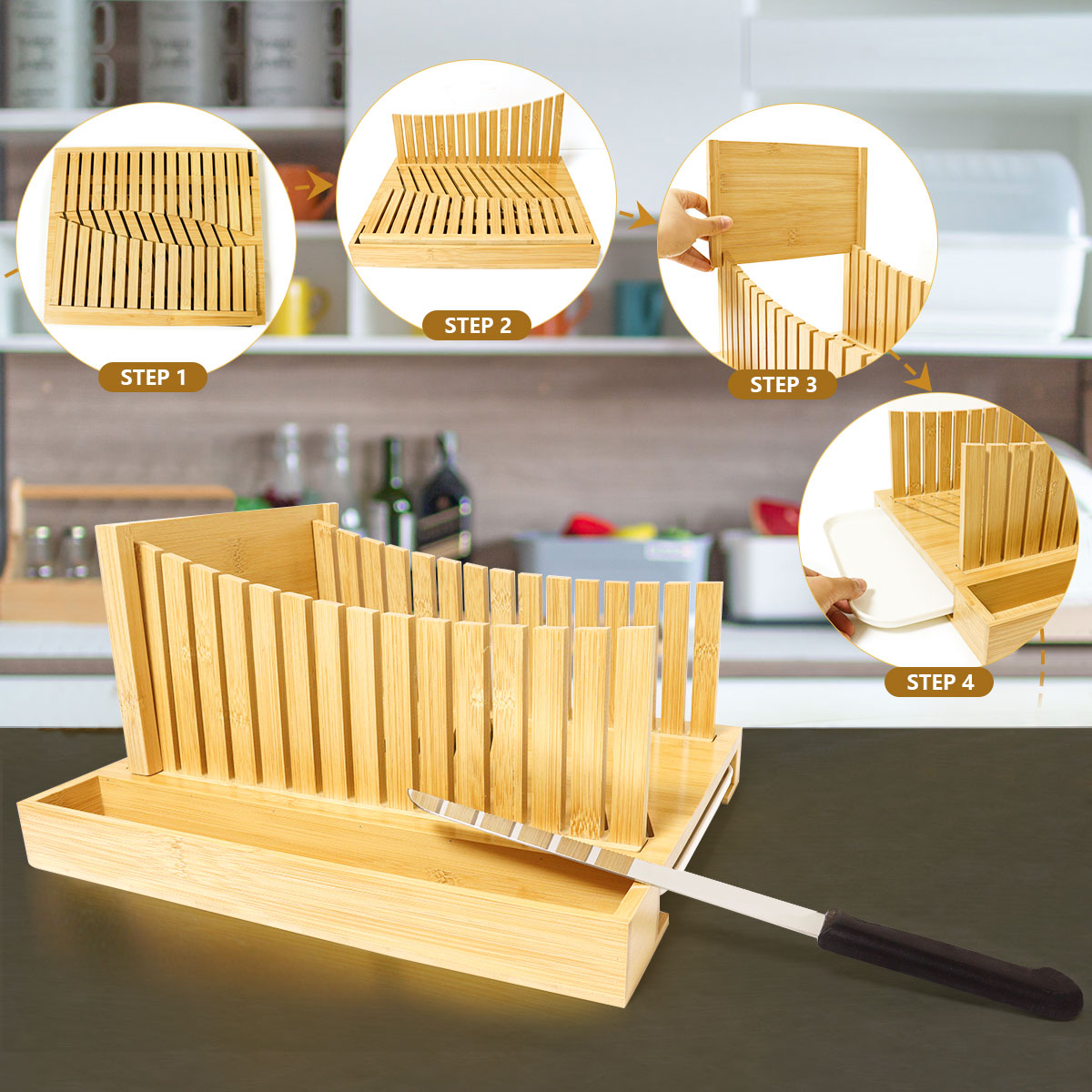 Bamboo Bread Cutting Adjustable Board Slicer Homemade Bread with Knife