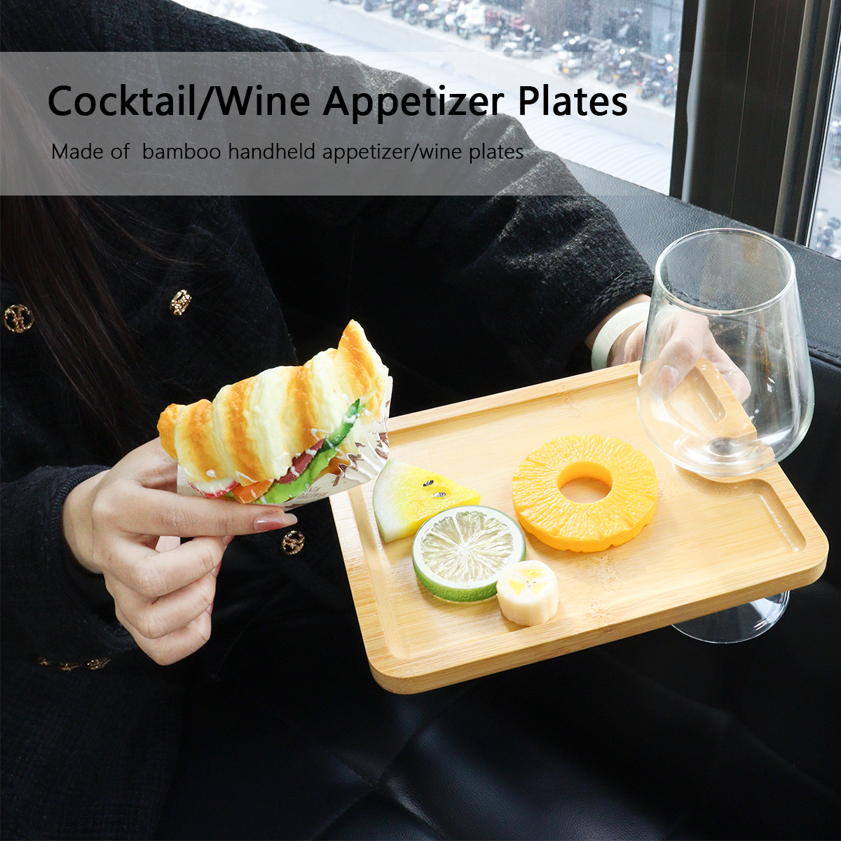 Bamboo Food Tray Party Appetizer Plate with Wine Glass Holder
