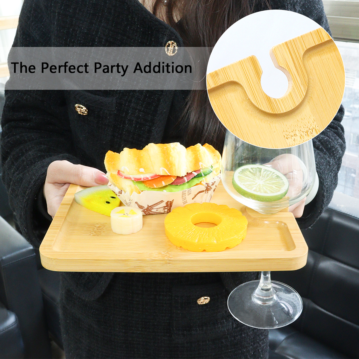 Bamboo Food Tray Party Appetizer Plate with Wine Glass Holder
