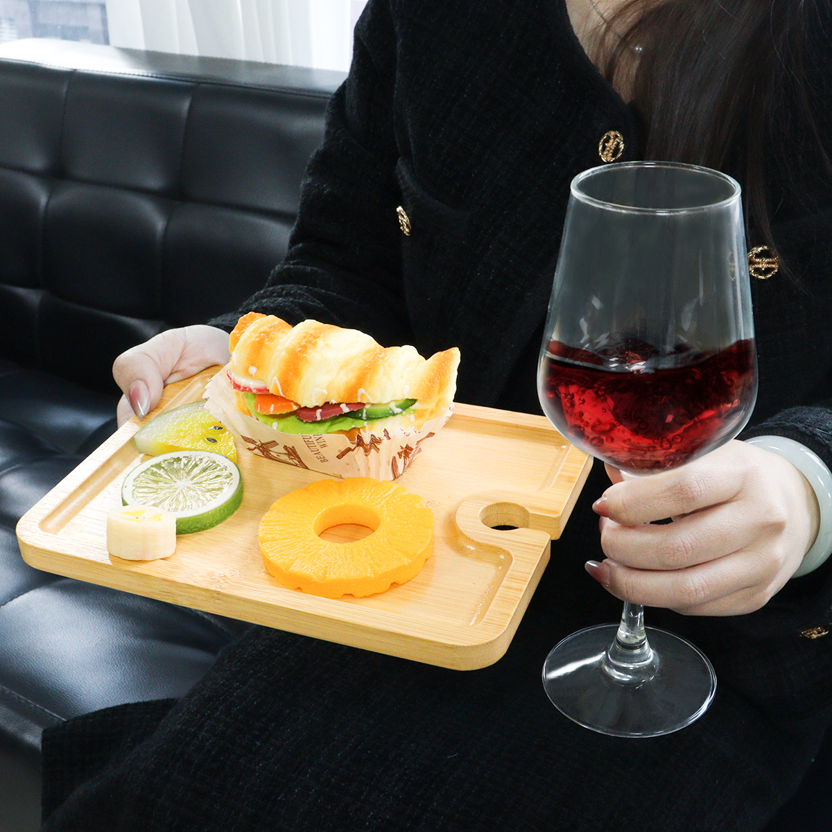 Bamboo Food Tray Party Appetizer Plate with Wine Glass Holder