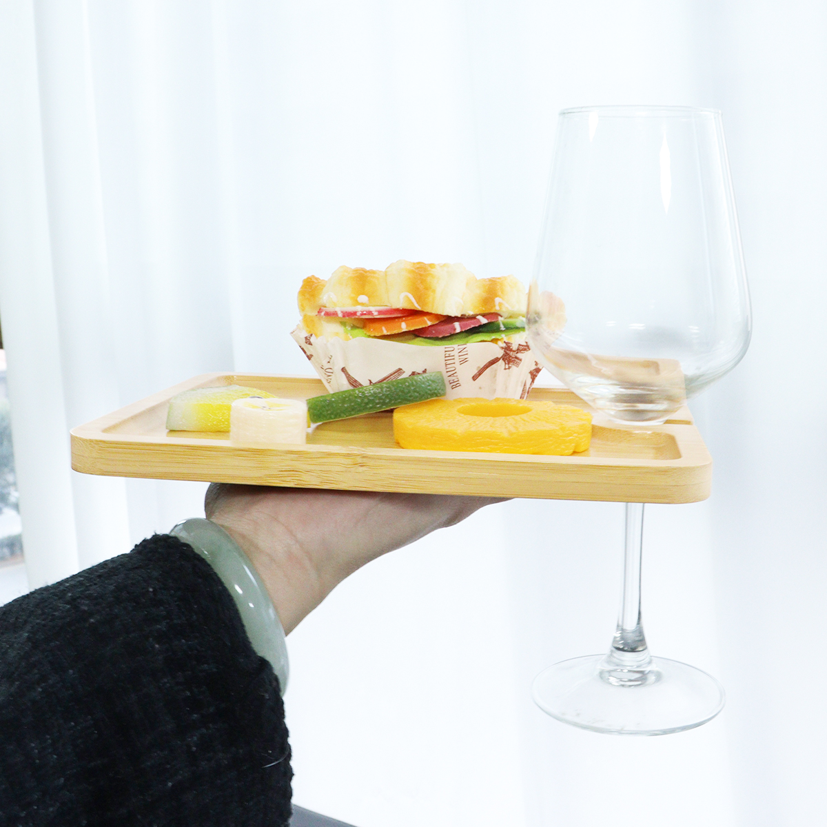 Bamboo Food Tray Party Appetizer Plate with Wine Glass Holder