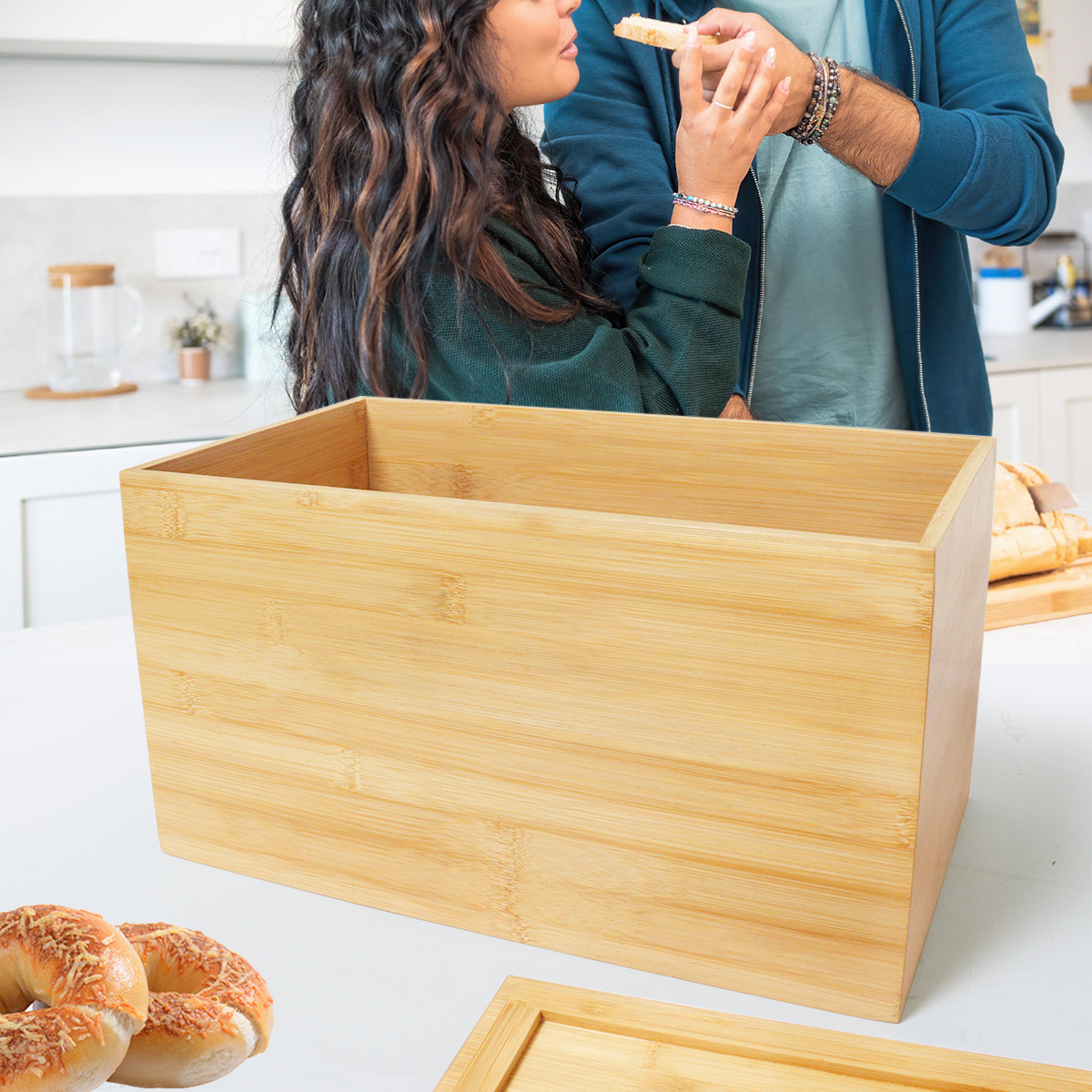 Custom Bamboo Bread Storage Box Kitchen Organizer Box with Lid